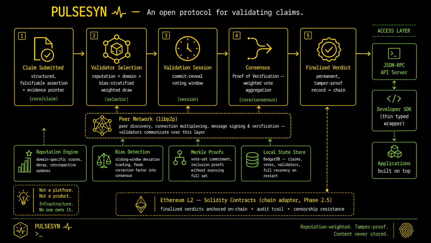 PulseSyn protocol architecture: claim submission, a reputation-weighted validator network, commit-reveal Proof of Verification consensus, and permanent verdict finalization.